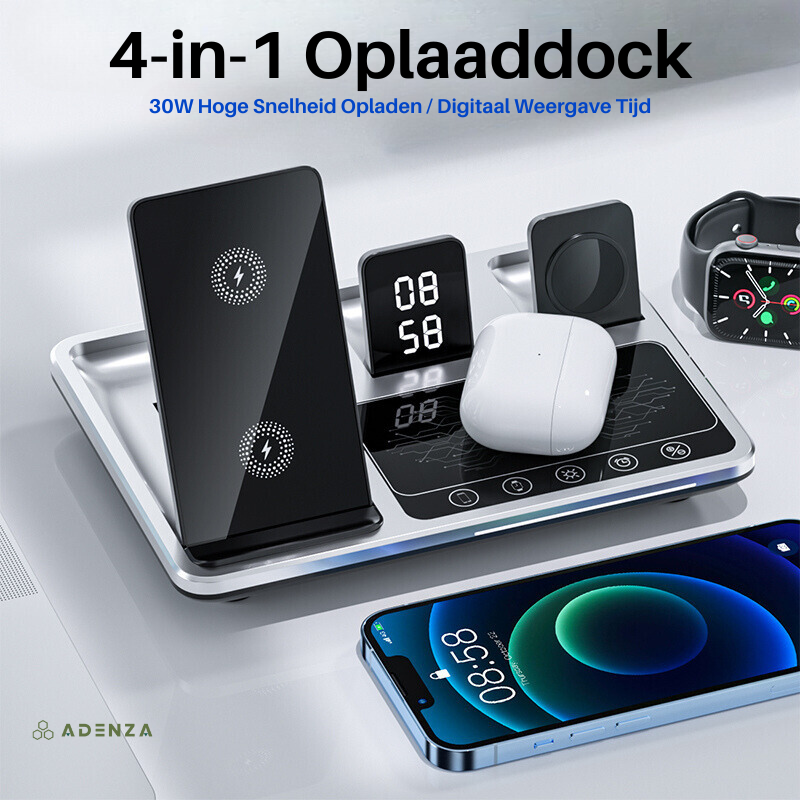 PowerHub 4-in-1 Oplaadstation – Draadloos Oplaadstation voor Telefoon, Smartwatch & Oordopjes