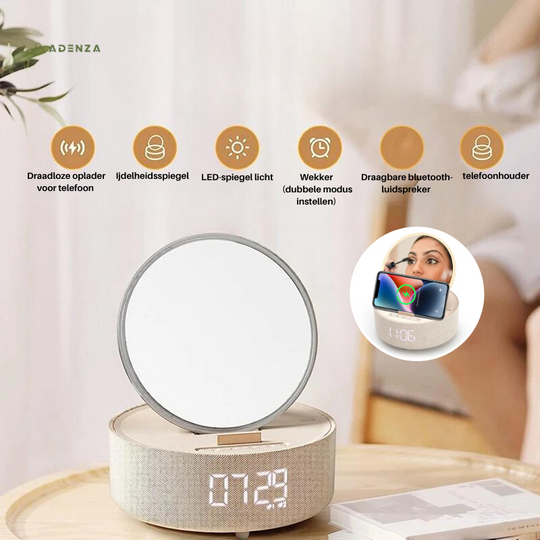 VanityVibe™ 3-in-1 Wekker met spiegel